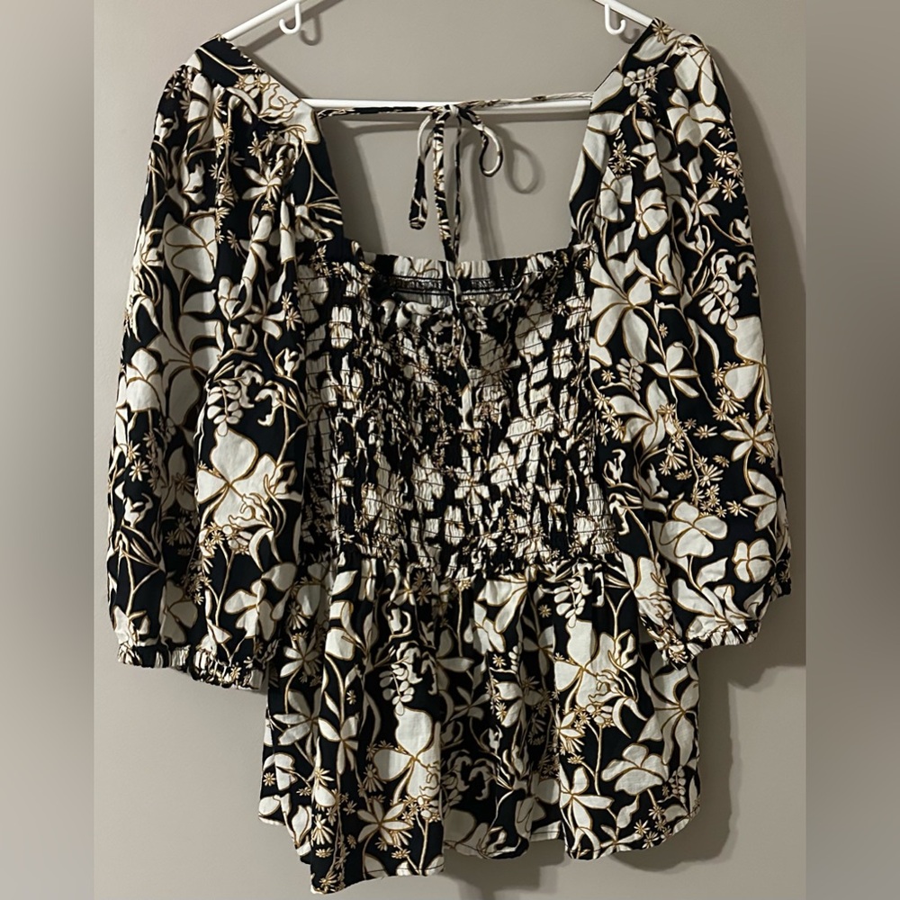 AVA & VIV size 1X, black,off white & mustard yellow floral puff sleeved blouse - Picture 2 of 8